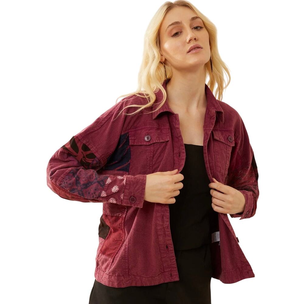 NWT Boutique Boho Chimson Trail Patchwork Button Front Jacket Berry - Picture 1 of 4